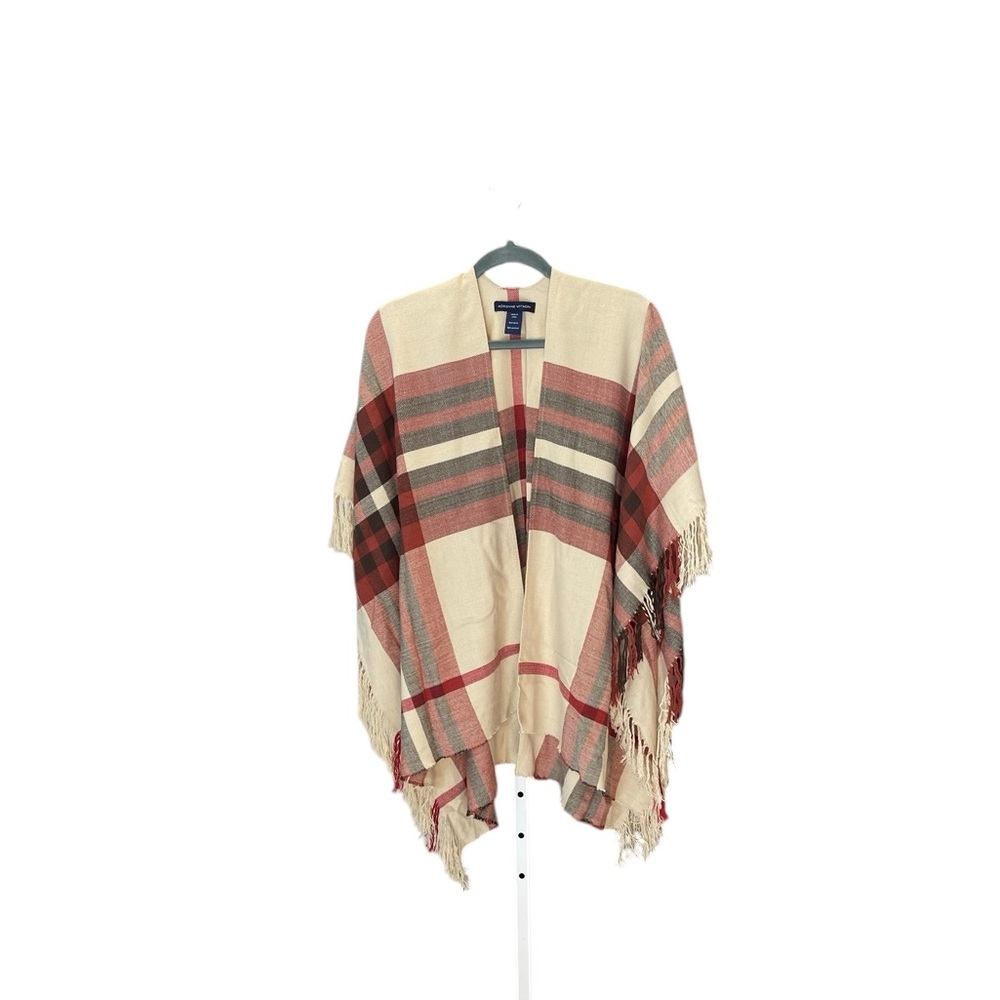 Adrienne Vittadini Red and Cream Plaid Fringe Wrap… black/brown